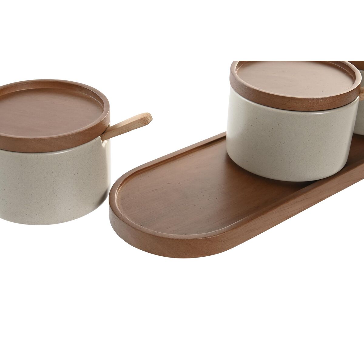 Sokeriastiasetti 3-osainen, posliini & kumipuu, ruskea beige 29 x 10 x 7 cm