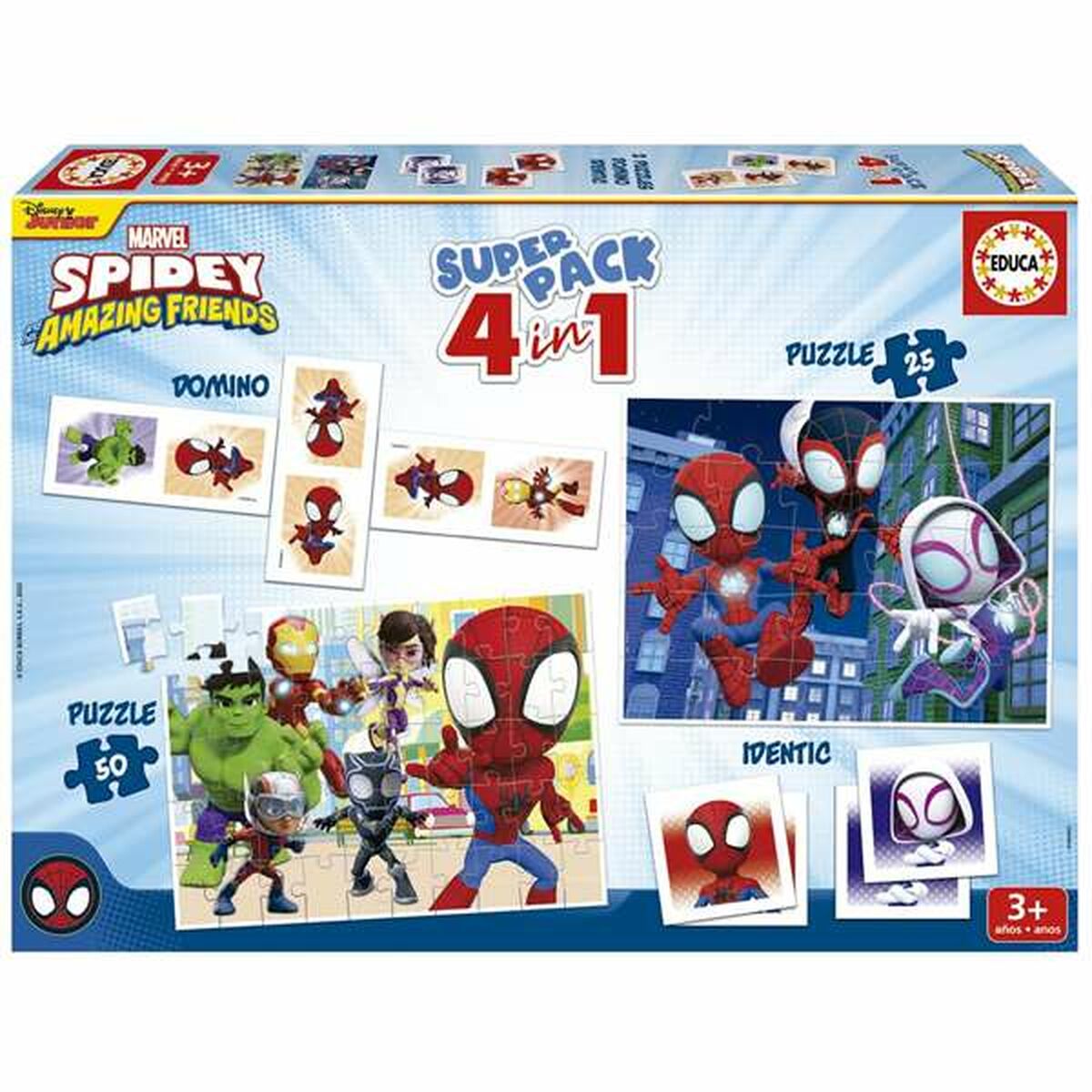 Spidey 4-in-1 pelipakkaus, 25 & 50 palapeli, domino ja muistipeli, lapsille 3+