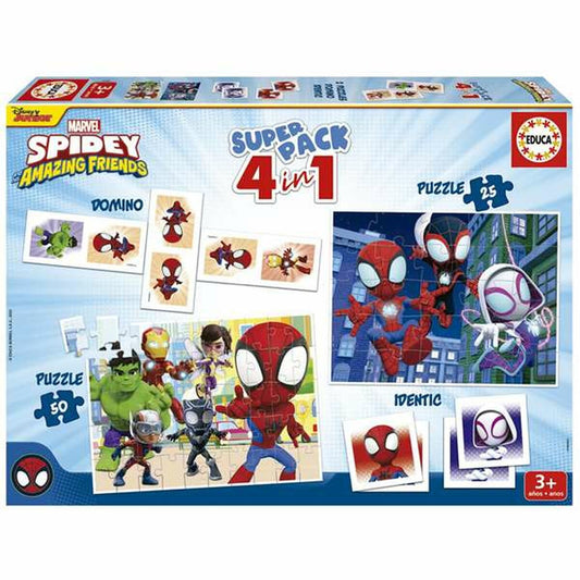 Spidey 4-in-1 pelipakkaus, 25 & 50 palapeli, domino ja muistipeli, lapsille 3+