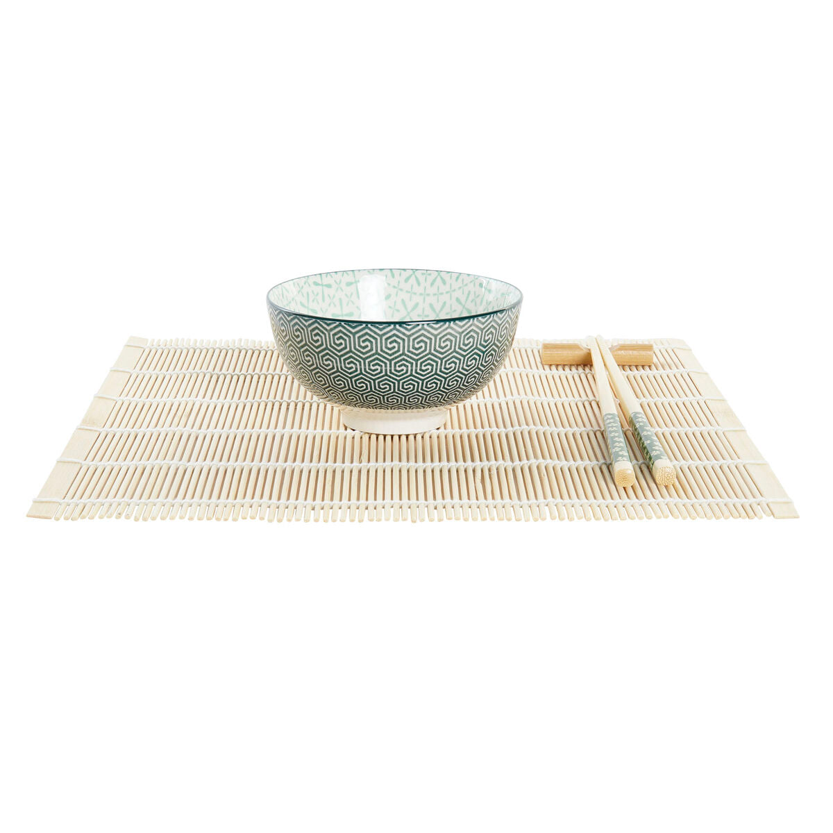 Sushisetti 16-osainen, vihreät kivitavarakulhot & bambumatot 14,5×14,5×31 cm