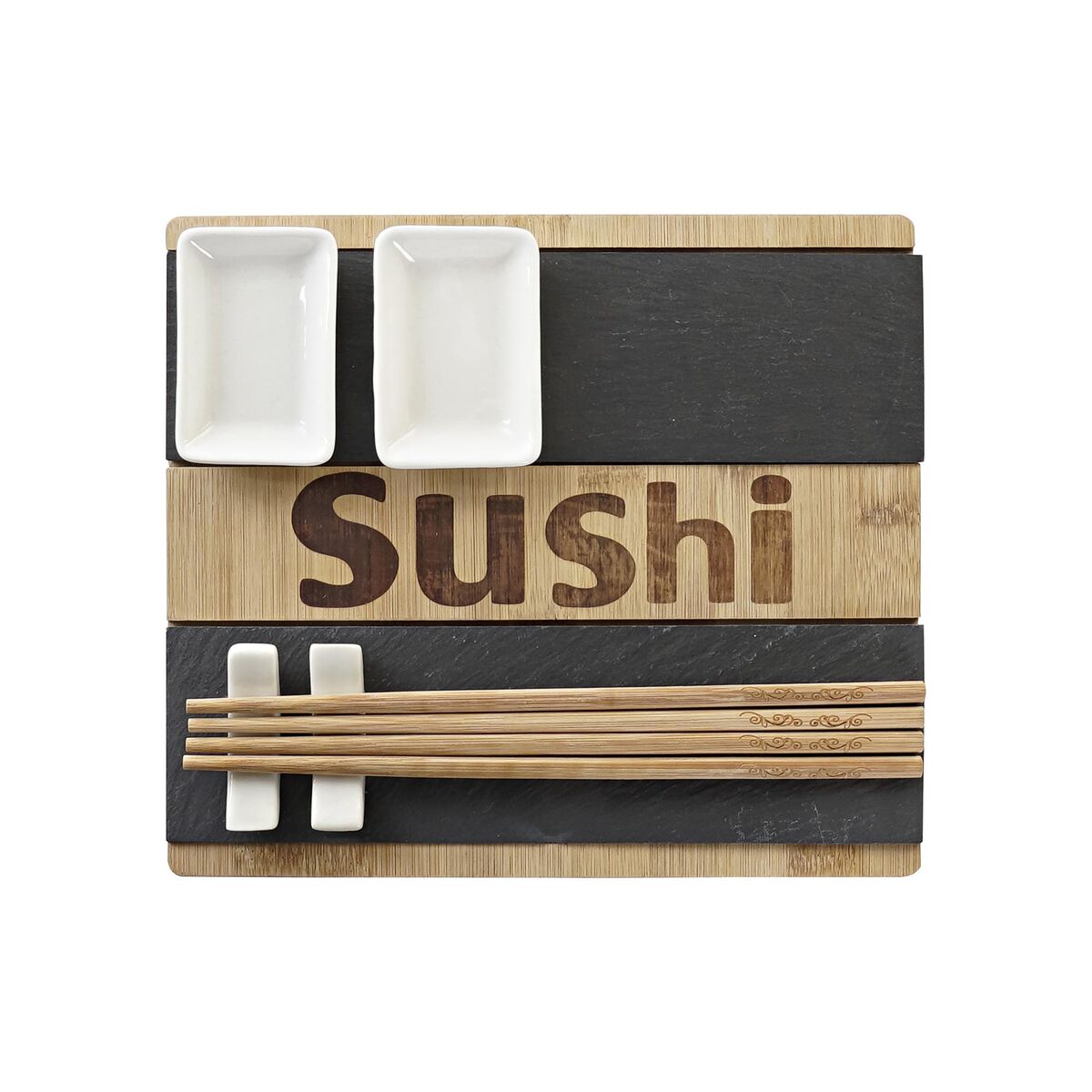 Sushisetti bambusta 8 osaa, tarjoilu- & leikkuulauta, musta ja luonnollinen