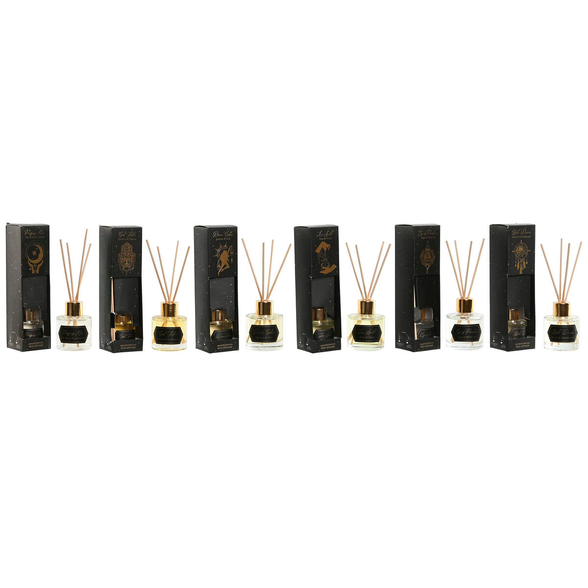 Tuoksudiffuuseri 50 ml, 6 kpl - kristallipullo ja tuoksutikut, musta/kulta