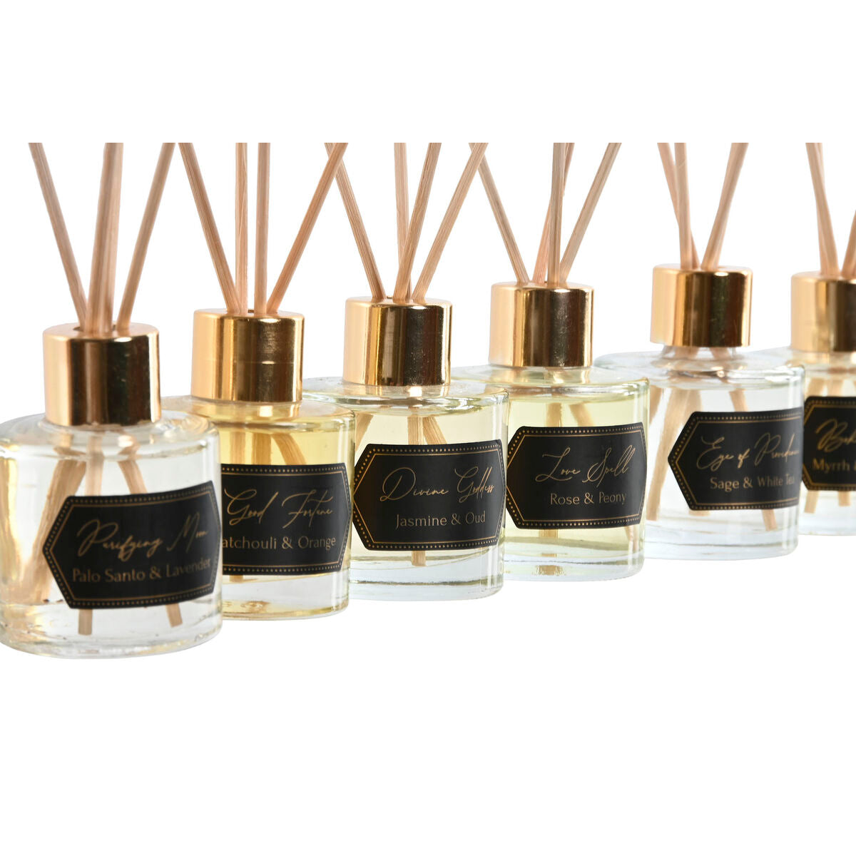Tuoksudiffuuseri 50 ml, 6 kpl - kristallipullo ja tuoksutikut, musta/kulta