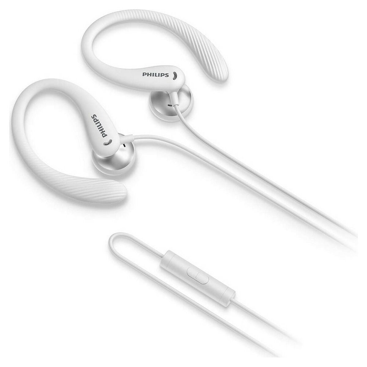 Urheilukuulokkeet korvakoukulla, langallinen 3,5 mm, mikrofoni, IPX2, valkoinen
