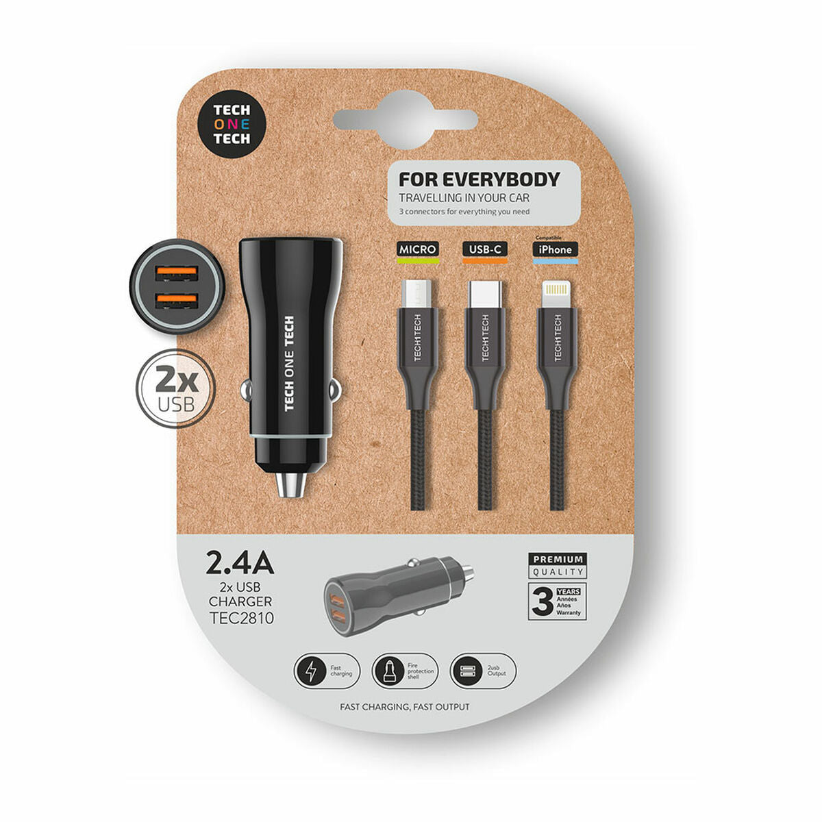 USB-autolaturi 2x USB 2,4 A autoon, mukana 1,2 m kaapeli (Micro/USB-C/Lightning)