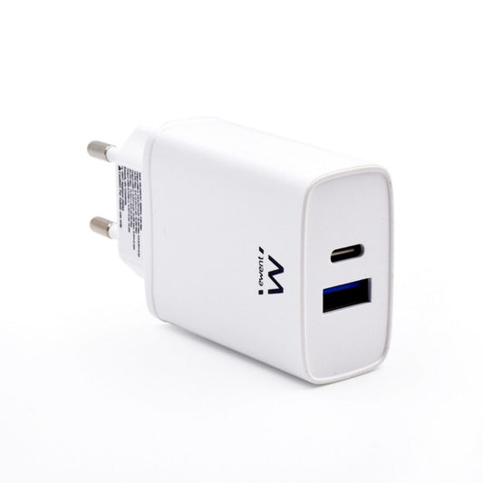 20 W USB-C laturi pikalataus 2-porttinen, valkoinen, EU-pistoke, QC 3.0, USB-A