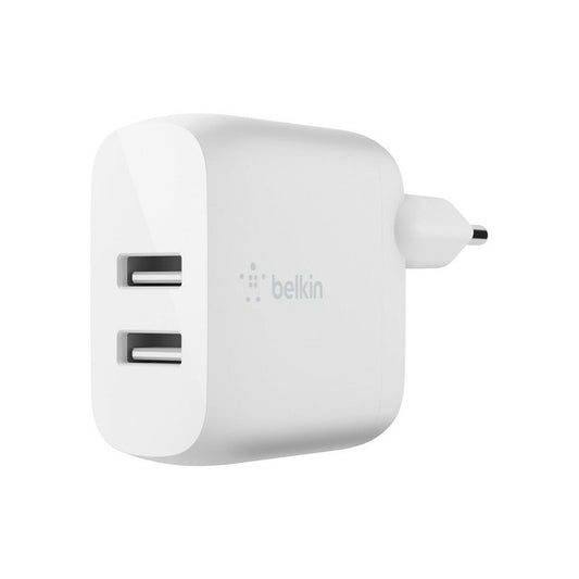USB-seinälaturi 24 W, 2x USB, pikalataus, EU-pistoke, valkoinen Belkin