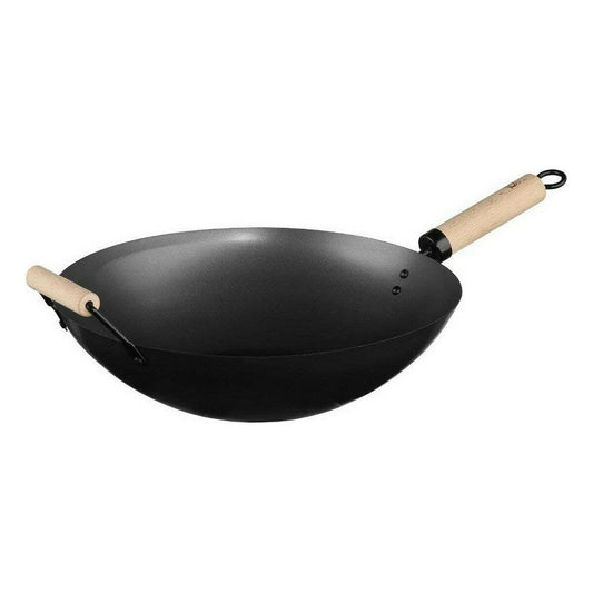 Wokpannu Ø 35 cm, musta ruostumaton teräs, puukahvat, keittiöön, ei induktiolle
